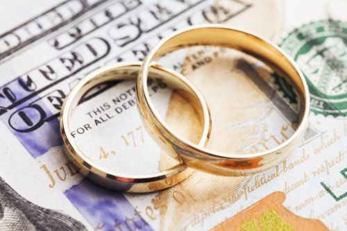 Wedding rings on money. Cost of wedding. Price of getting married background. Golden jewelry on banknote.