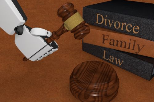 Robot's Hand Hitting Gavel on white background. AI Divorce Concept.